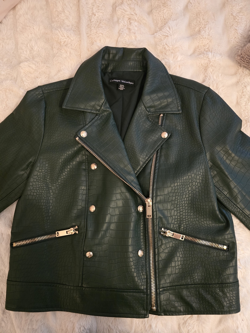 Catherine Malandrino Dark Green Croc-Embossed Vegan Leather Moto Jacket